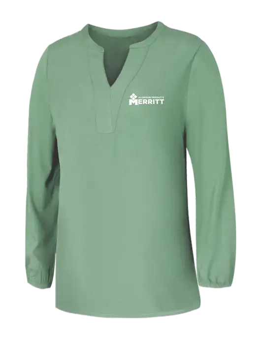 Mercer+Mettle Womens Sage Green Stretch Crepe 3/4 Sleeve Blouse w/Merritt Products Logo