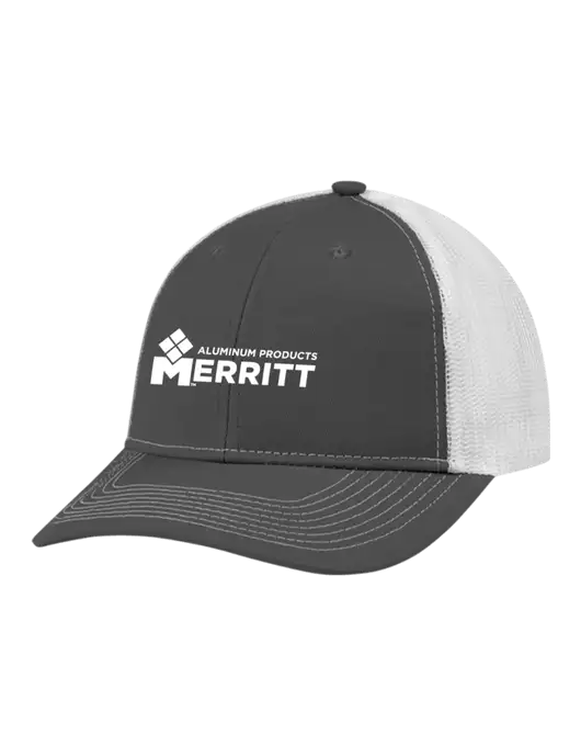 Snapback Ponytail Trucker Cap Dark Grey w/White Mesh w/Merritt Products Logo