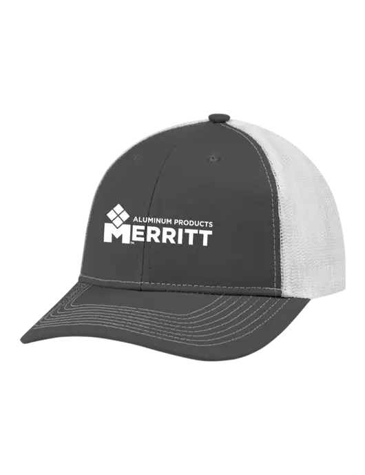 Snapback Ponytail Trucker Cap Dark Grey w/White Mesh w/Merritt Products Logo