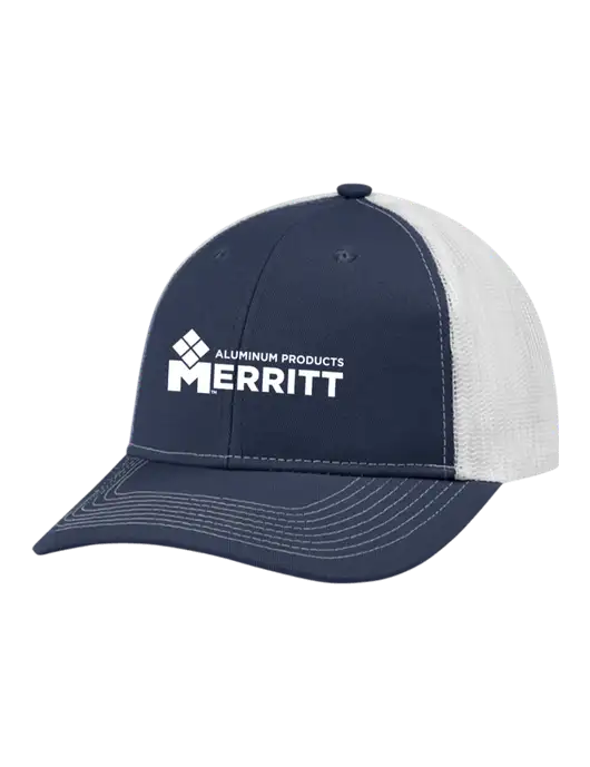 Snapback Ponytail Trucker Cap Navy w/White Mesh w/Merritt Products Logo