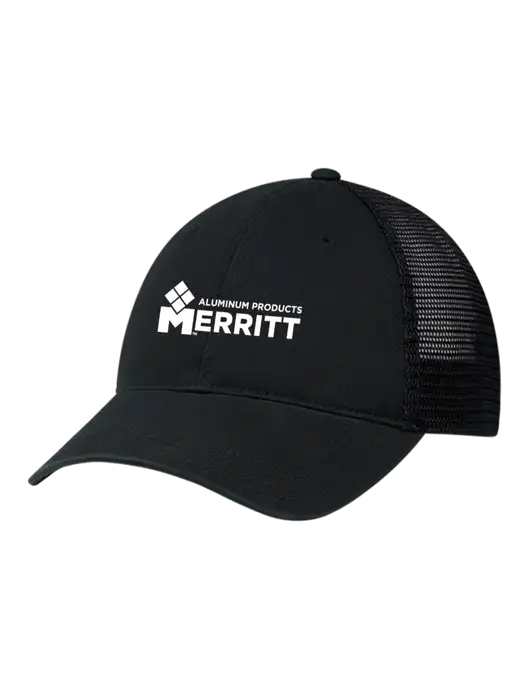 Richardson 111 Garment Washed Trucker Cap Black w/Black Mesh w/Merritt Products Logo