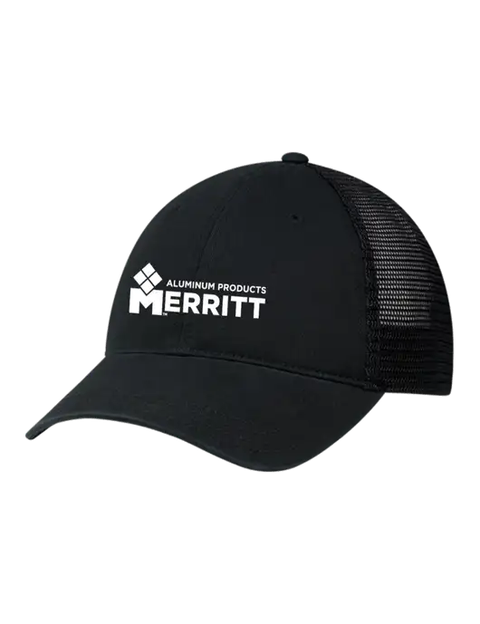 Richardson 111 Garment Washed Trucker Cap Black w/Black Mesh w/Merritt Products Logo