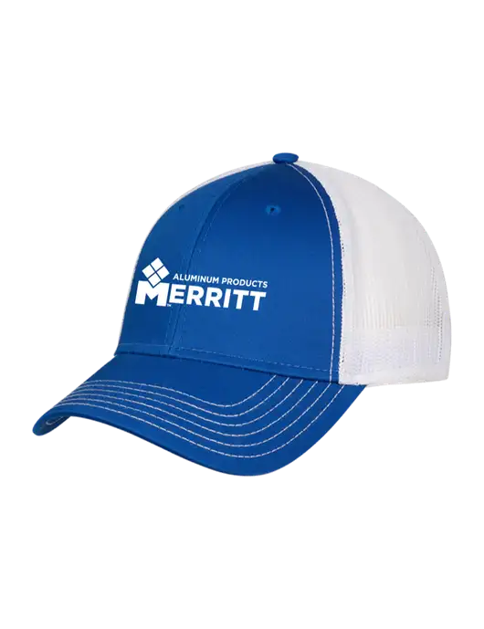 Royal & White Mesh Trucker Cap Snap Back w/Merritt Products Logo