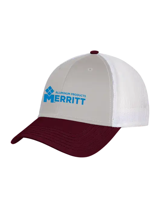 Maroon/Heather Grey/White Mesh Trucker Cap Snap Back w/Merritt Products Logo