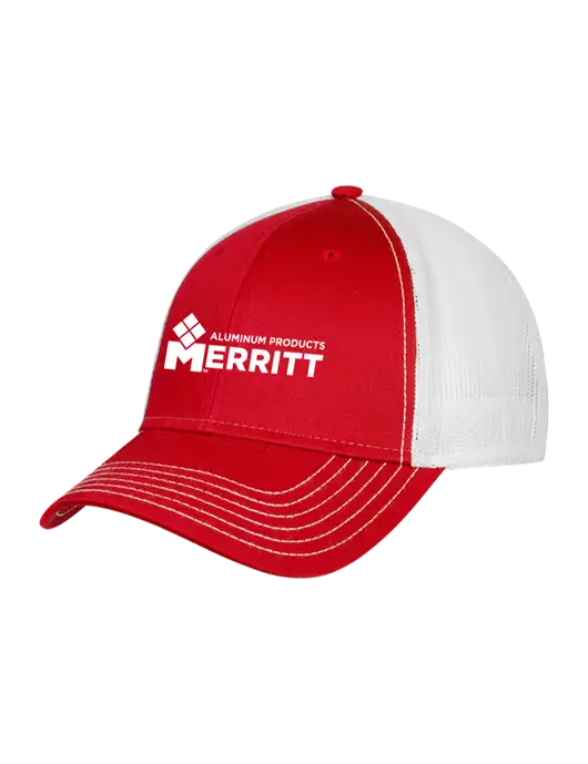 Red/White Mesh Trucker Cap Snap Back w/Merritt Products Logo