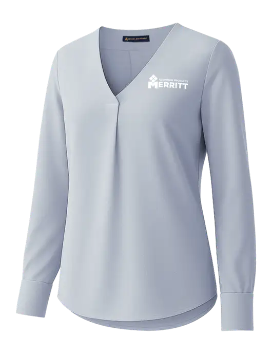 Brooks Brothers Womens Light Slate Blue Open-Neck Satin Blouse  w/Merritt Products Logo