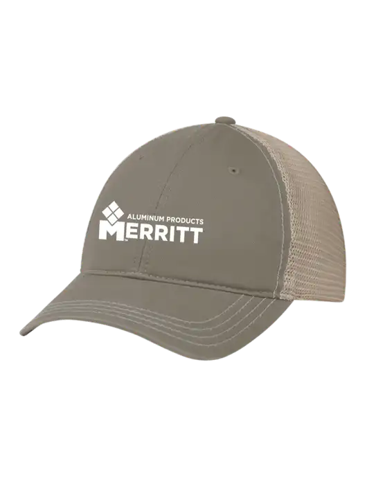 Richardson 111 Garment Washed Trucker Cap Medium Taupe w/Tan Mesh w/Merritt Products Logo