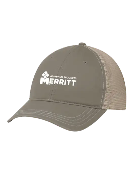 Richardson 111 Garment Washed Trucker Cap Medium Taupe w/Tan Mesh w/Merritt Products Logo
