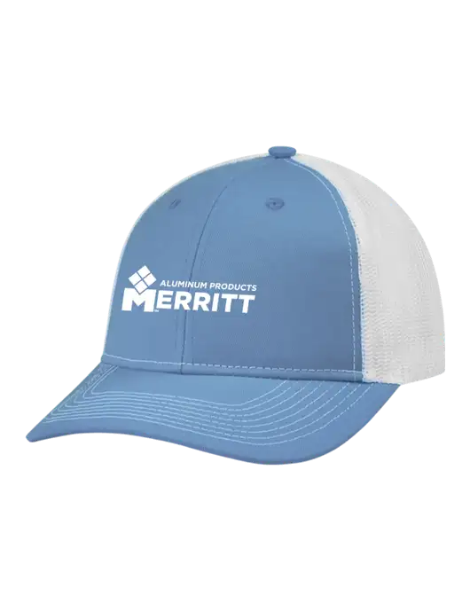 Snapback Ponytail Trucker Cap Carolina Blue w/White Mesh w/Merritt Products Logo