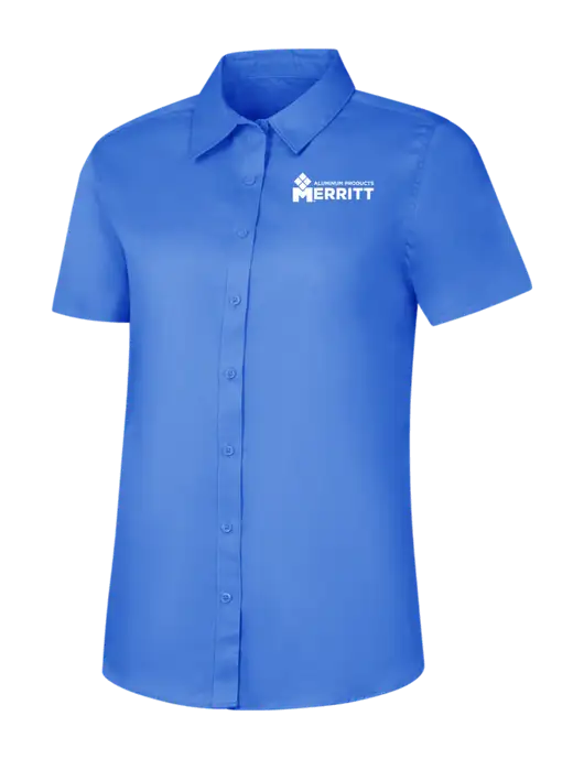 Womens Dark Carolina Blue Short Sleeve Superpro React Twill Shirt w/Merritt Products Logo