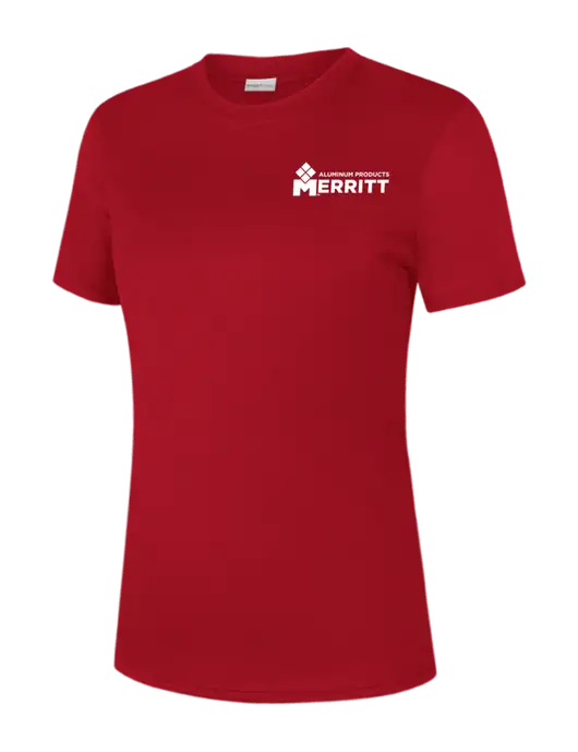  Womens Red PosiCharge Competitor Tee w/Merritt Products Logo