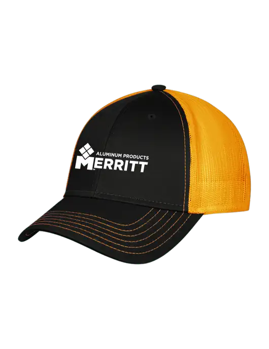 Black/Black/Gold Mesh Gold Stitching on Bill Trucker Cap Snap Back

 w/Merritt Products Logo