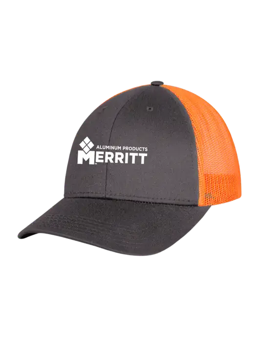 Neon Orange/Charcoal Mesh Trucker Cap Snap Back w/Merritt Products Logo