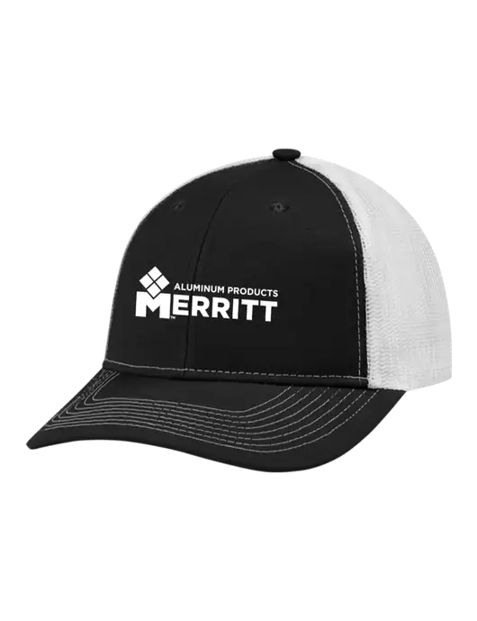 Snapback Ponytail Trucker Cap Black w/White Mesh w/Merritt Products Logo