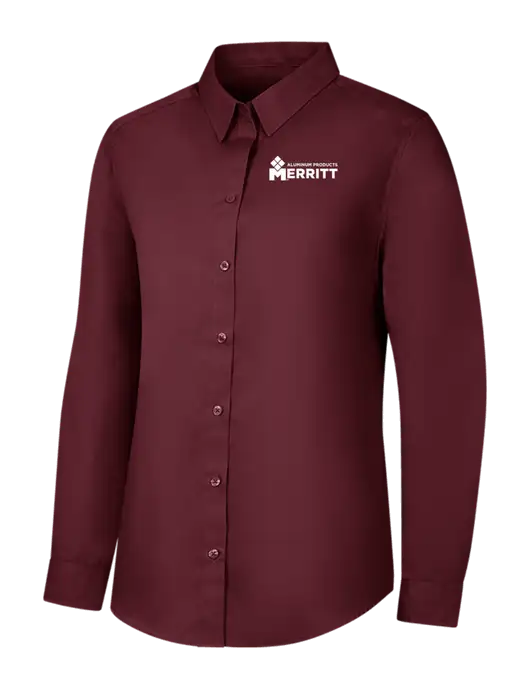 Womens Maroon Long Sleeve Carefree Poplin Shirt w/Merritt Products Logo