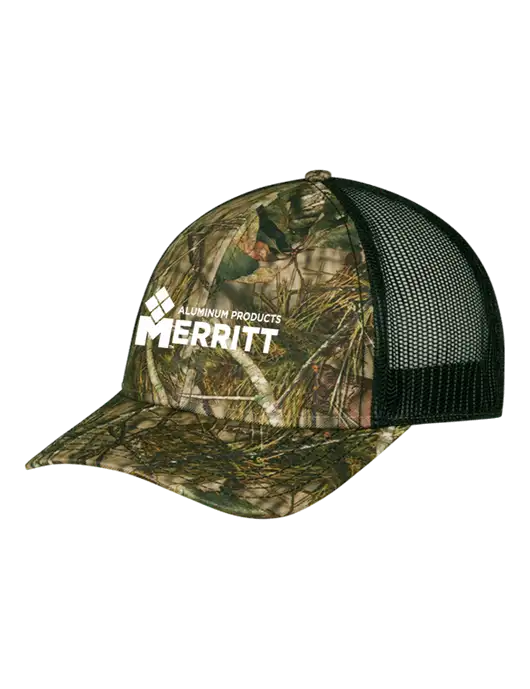 Mossy Oak Break Up Country/Black Mesh Trucker Cap w/Snap Back  w/Merritt Products Logo