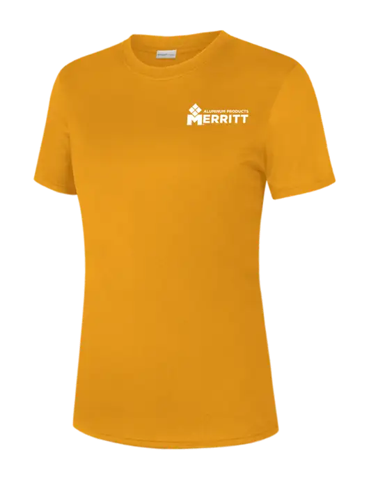  Womens Yellow Gold PosiCharge Competitor Tee w/Merritt Products Logo