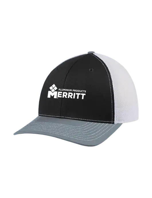 Richardson Adjustable Snapback Original 112 Trucker Cap Black/Light Heather Grey/White Mesh w/Merritt Products Logo