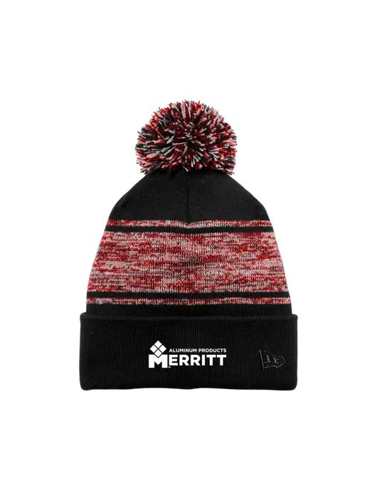 New Era Black/Red Knit Chilled Pom Beanie w/Merritt Products Logo