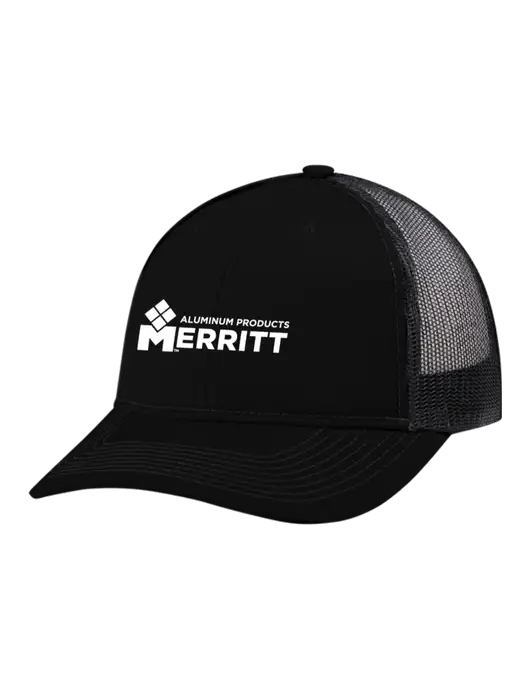 Snapback Ponytail Trucker Cap Black w/Black Mesh w/Merritt Products Logo