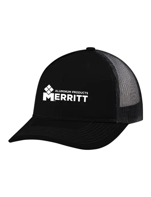 Snapback Ponytail Trucker Cap Black w/Black Mesh w/Merritt Products Logo