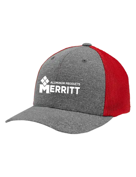 Flexfit Red/Medium Grey Heather Melange Mesh Back Trucker Cap w/Merritt Products Logo