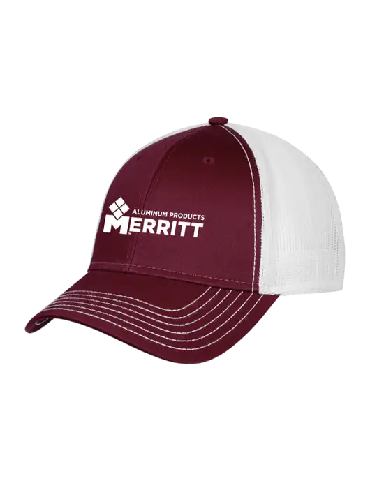 Maroon/Maroon/White Mesh Trucker Cap Snap Back w/Merritt Products Logo