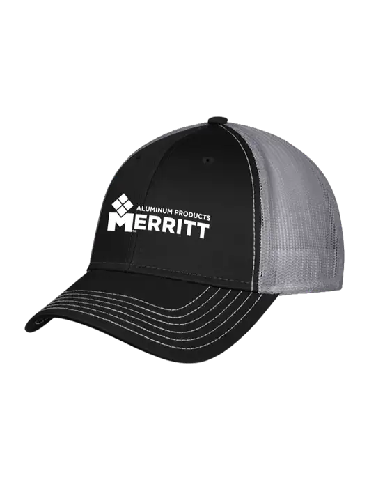 Black/Medium Dark Grey Mesh Trucker Cap Snap Back w/Merritt Products Logo