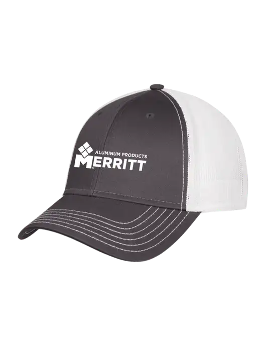 Dark Grey/White Mesh Trucker Cap Snap Back w/Merritt Products Logo