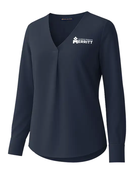 Brooks Brothers Womens Dark Navy Open-Neck Satin Blouse  w/Merritt Products Logo