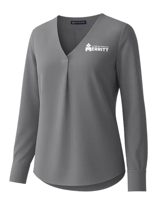 Brooks Brothers Womens Medium Grey Open-Neck Satin Blouse  w/Merritt Products Logo