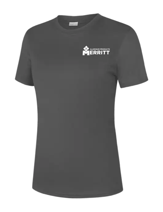 Womens Dark Grey PosiCharge Competitor Tee w/Merritt Products Logo